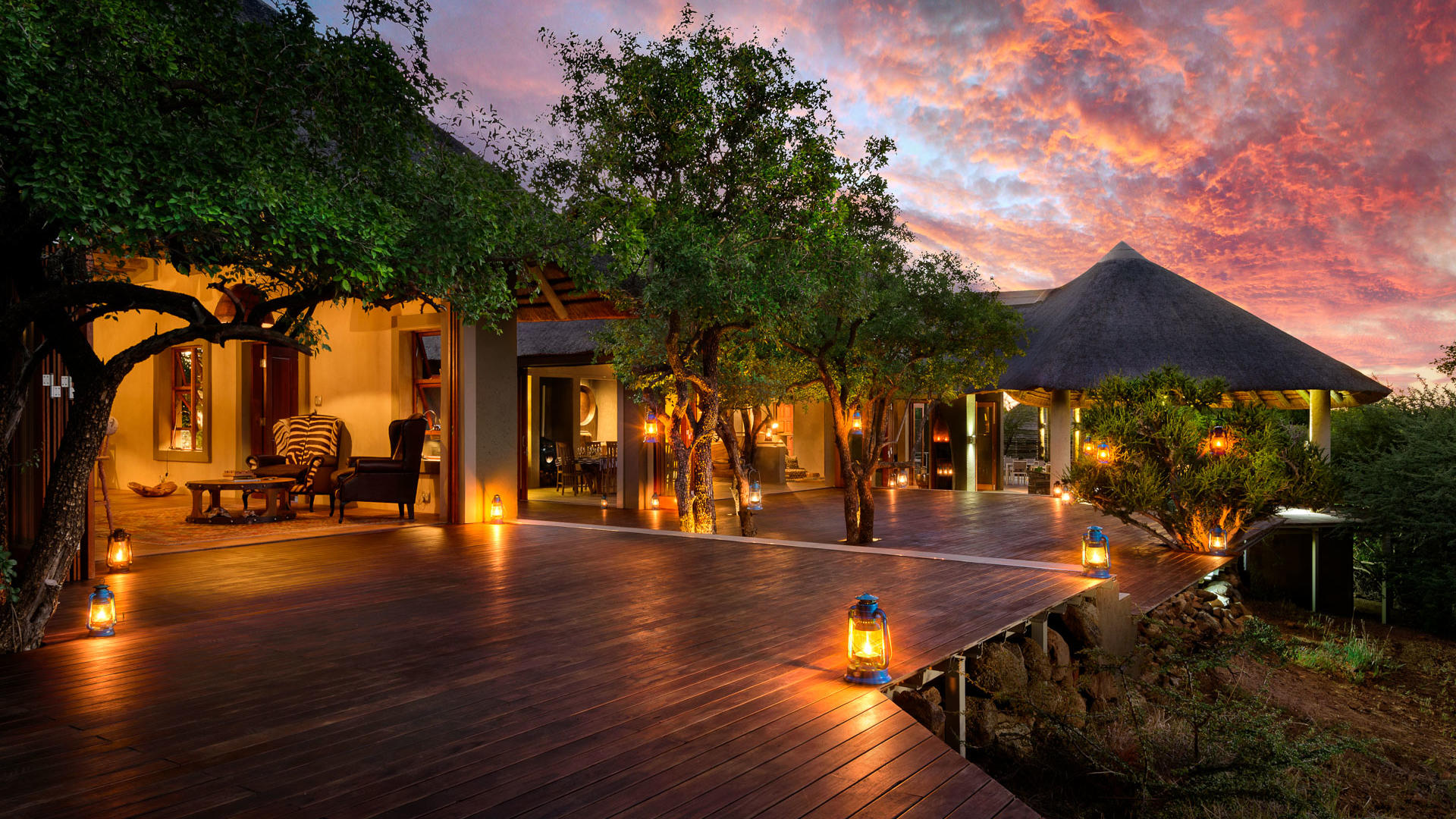 Lush Private Game Lodge boma at night in the Black Rhino Reserve