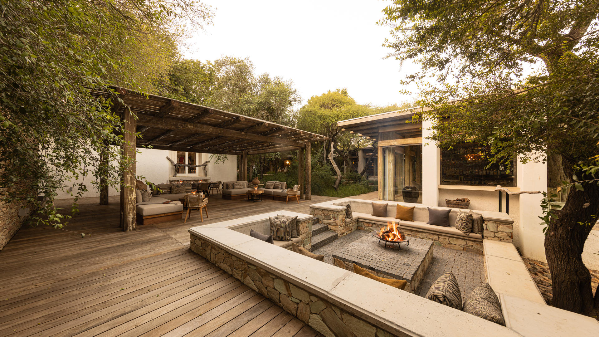 Outdoor lodge deck overlooking the bush at Kapama Karula in South Africa